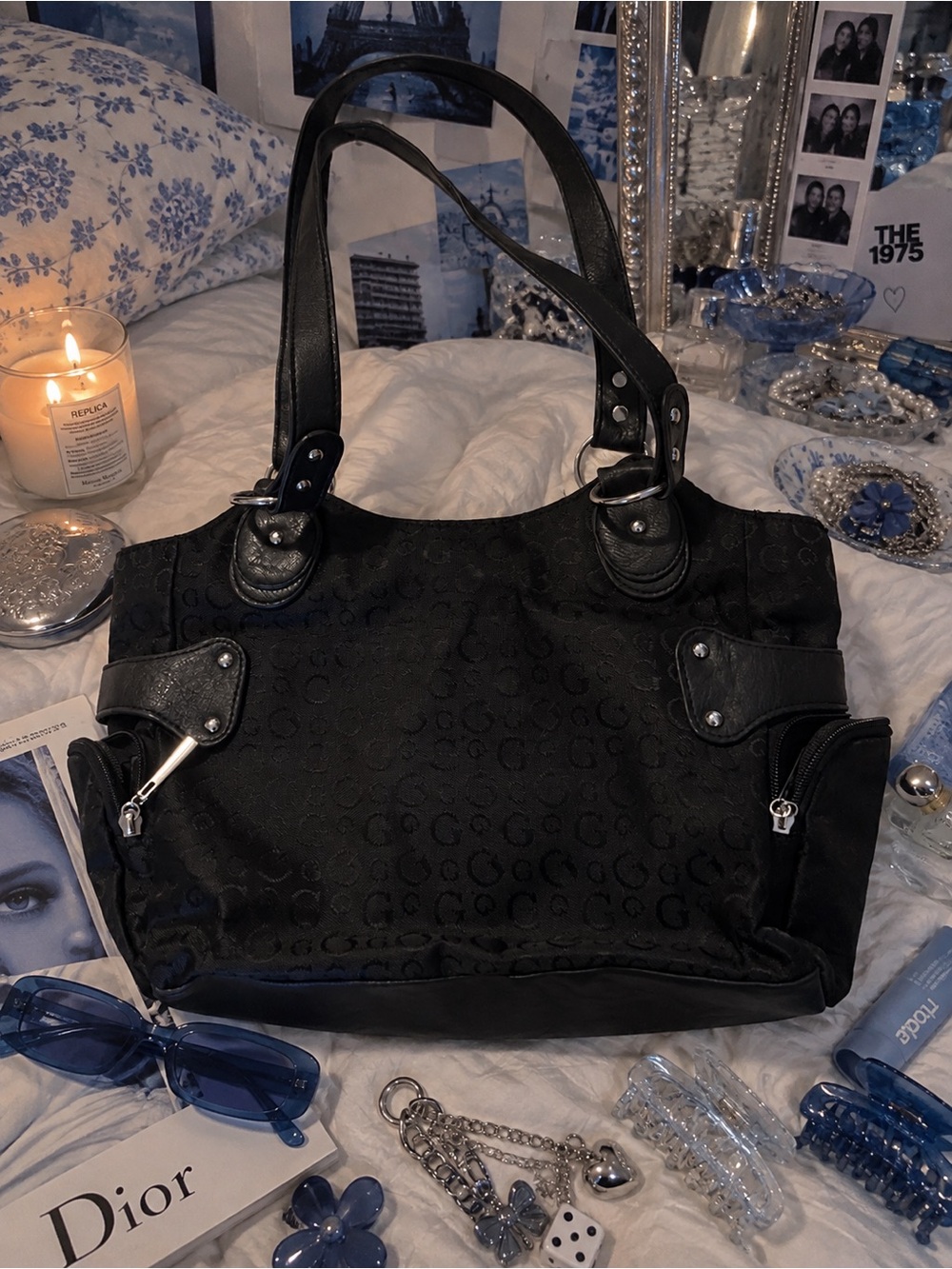 Vintage GUESS Y2K Black Patchwork Shoulder Bag | Snakeskin | Silver Hardware - Picture 2 of 4